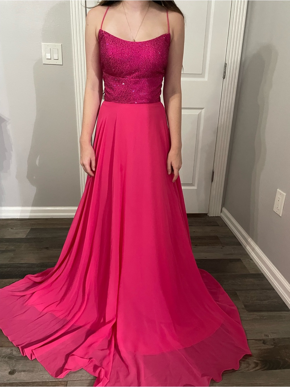 JVN by Jovani Hot Pink Sequin Bodice Prom Gown